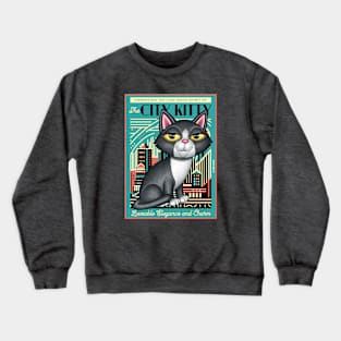 Black and white kitty on city kitty background in green Crewneck Sweatshirt